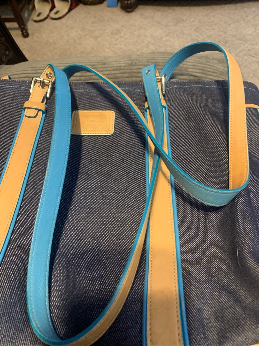 Coach Navy Canvas Tote with Tan Leather Straps and Teal Trim - Picture 6 of 8